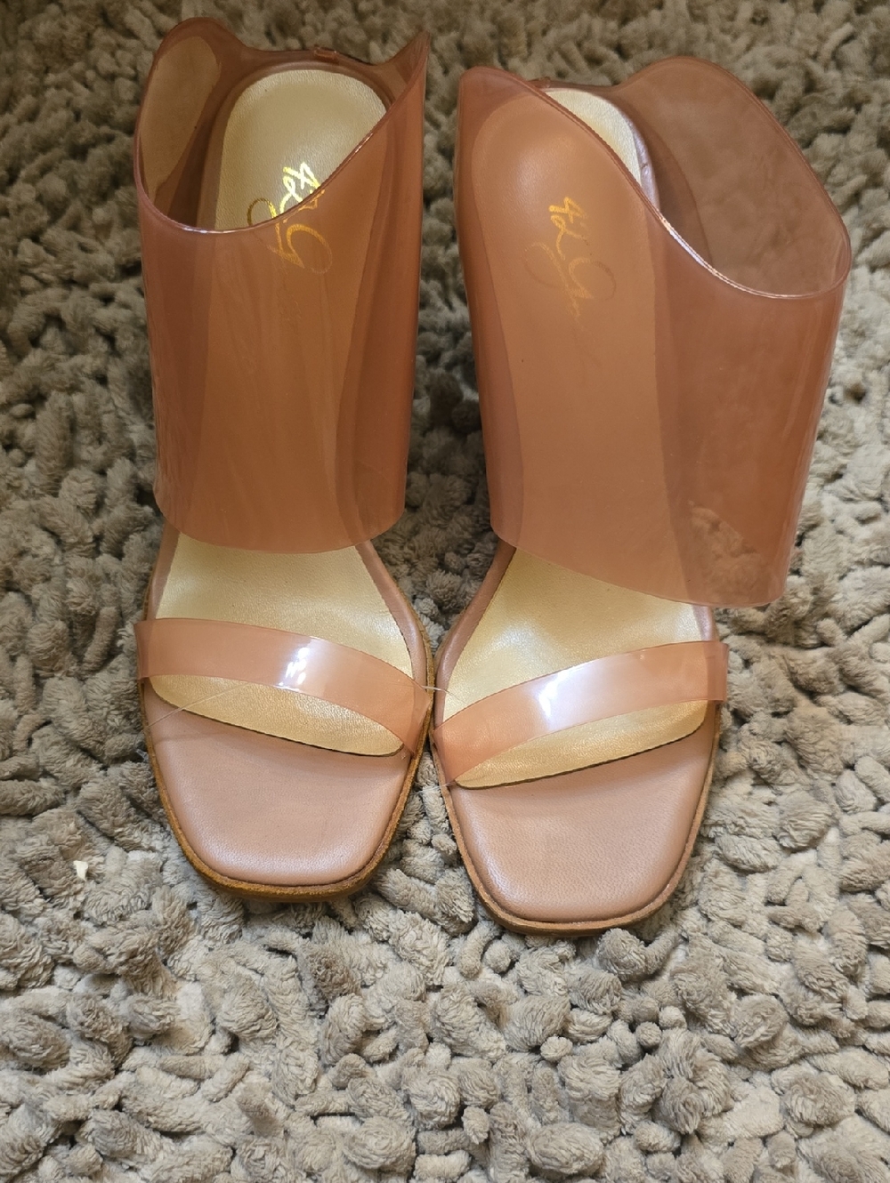 New 42 GOLD Women's Size 7.5 Nude Tan Cuff Peep-Toe Slide Heels